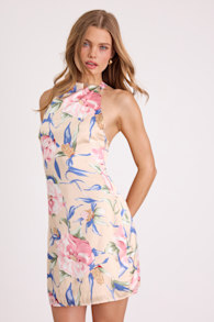 Thea Beige Multi Floral Satin Backless Mini Dress 5