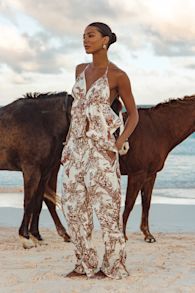 Rona Ivory and Brown Floral Two-Piece Jumpsuit 1