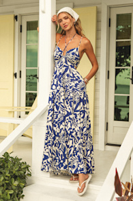 Mykonos Memories Blue and Ivory Abstract Maxi Dress With Pockets 1