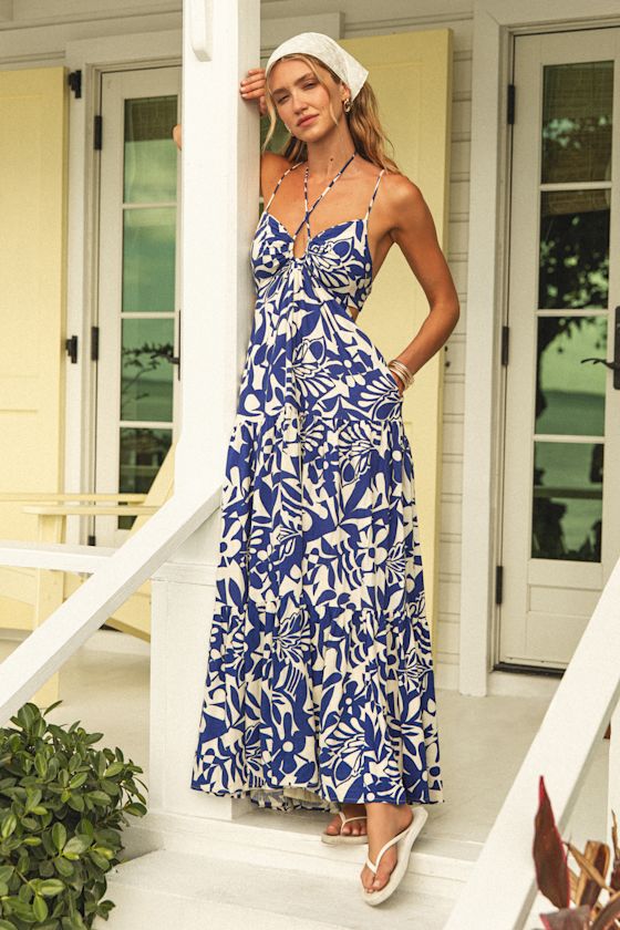 Mykonos Memories Blue and Ivory Abstract Maxi Dress With Pockets 1
