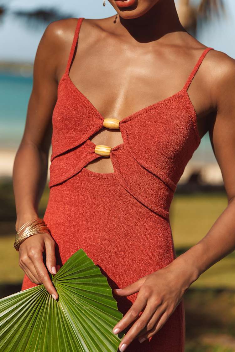 Ainara Rust Red Cutout Sleeveless Midi Sweater Dress