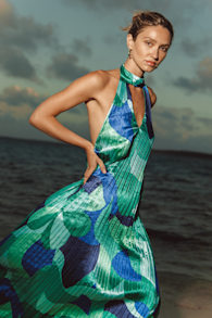 Prime Poise Green and Blue Abstract Satin Halter Maxi Dress 1