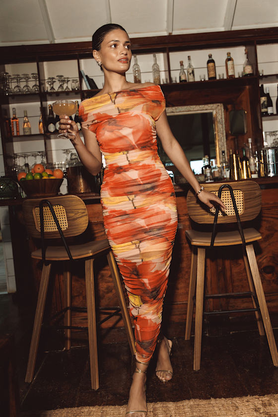open lace back dress Burnt Orange Ruched Cut Out Front Midi Bodycon Dress – AX Paris US main image 0