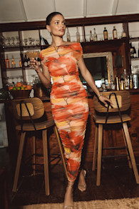 Sunama Orange Floral Mesh Ruched Bodycon Midi Dress 1