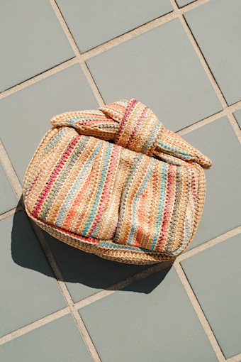 Essential Style Beige Multi Striped Woven Knot Handle Clutch 1
