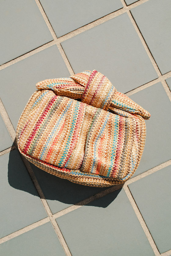 Essential Style Beige Multi Striped Woven Knot Handle Clutch 1