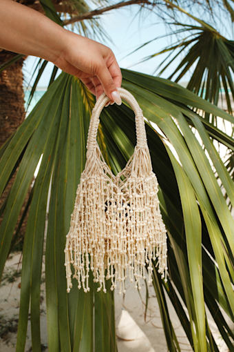 Amalla Beige Woven Beaded Fringe Handbag 1