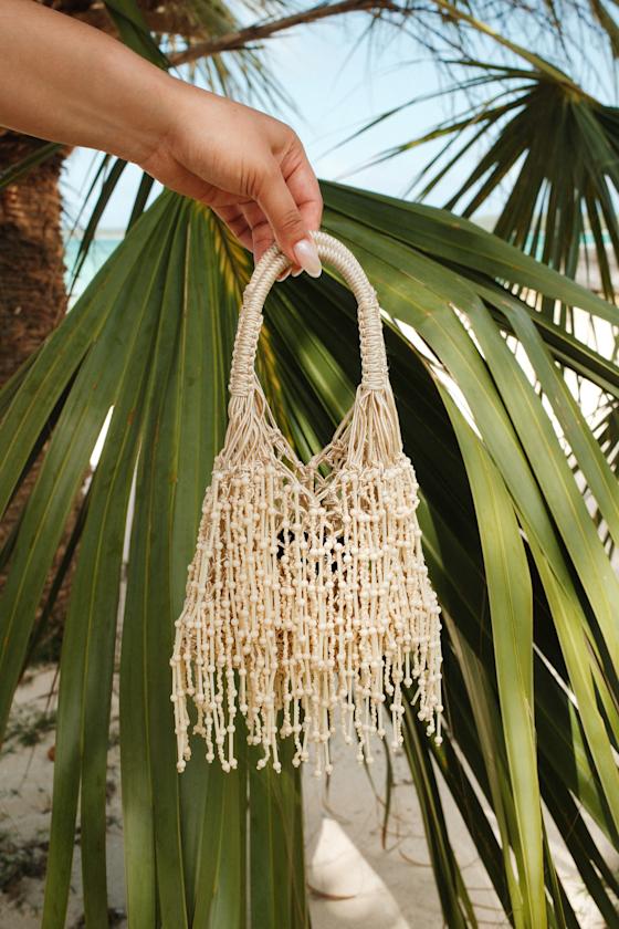 Amalla Beige Woven Beaded Fringe Handbag 1