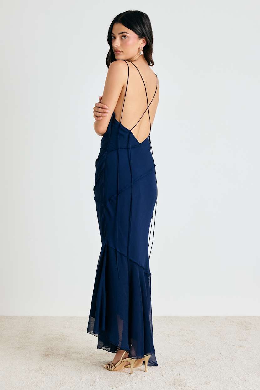 Navy Chiffon Maxi Dress - Lace-Up Maxi Dress - Cowl Neck Dress - Lulus Navy Chiffon Maxi Dress - Lace-Up Maxi Dress - Cowl Neck Dress - Lulus