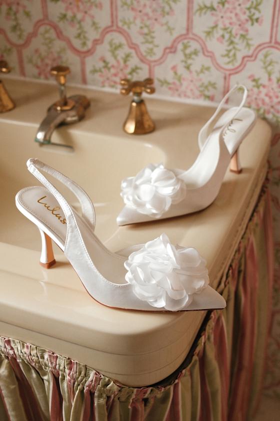 Courtney Ivory Satin Floral Applique Slingback Pumps 1