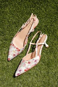 Talia White Floral Pointed-Toe Slingback Pumps 1
