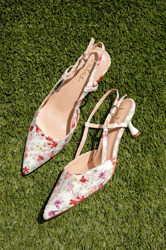 Talia White Floral Pointed-Toe Slingback Pumps 1