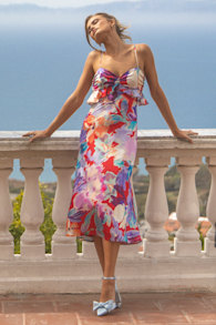 Augustina Red Multi Floral Satin Ruffled Midi Dress 1