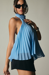 Twyla Light Blue Pleated Halter Tank Top 1