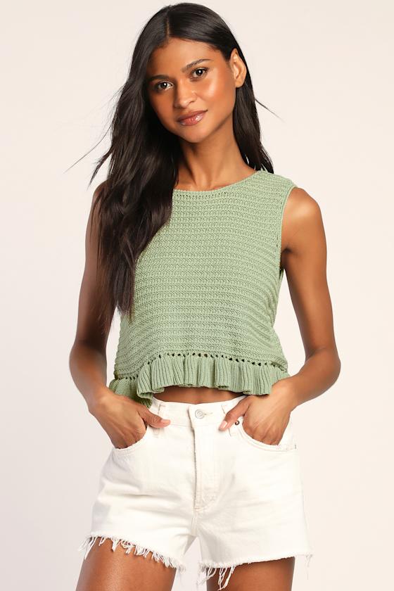 Flouncin' Around Dusty Olive Cropped Ruffled Sweater Tank