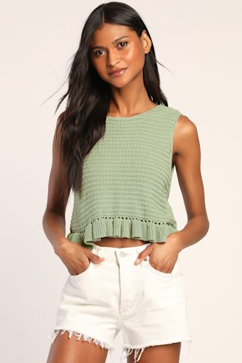 Flouncin' Around Dusty Olive Cropped Ruffled Sweater Tank 7