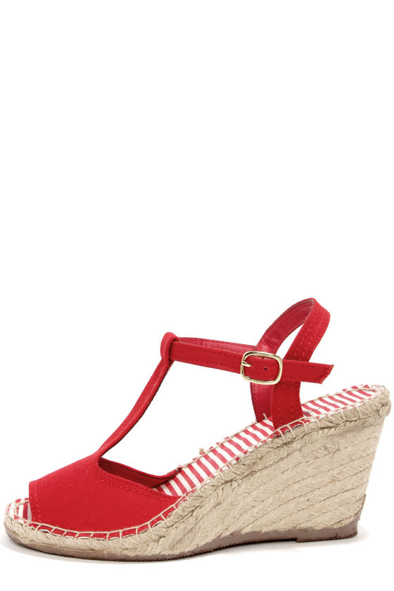 Fun Red Sandals - Espadrille Wedges - T-Strap Shoes - Red Shoes - $35. ...