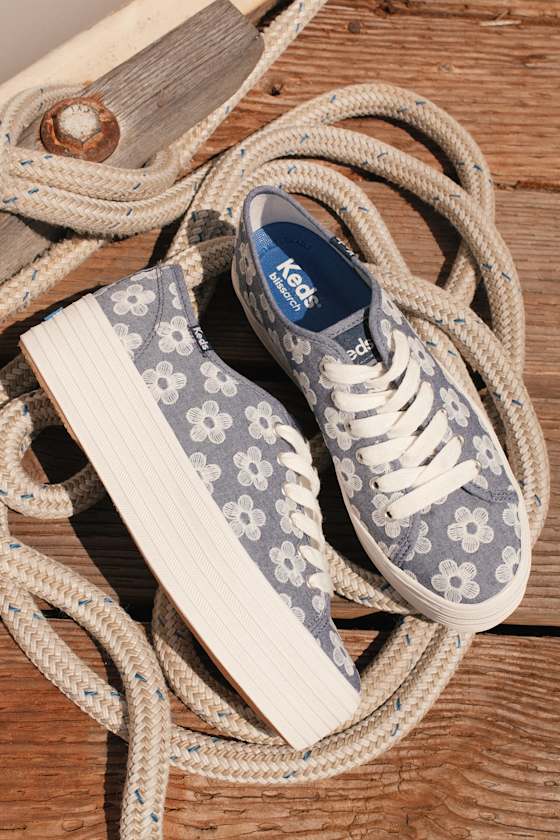 Triple Up Light Blue Floral Embroidered Platform Sneakers 1