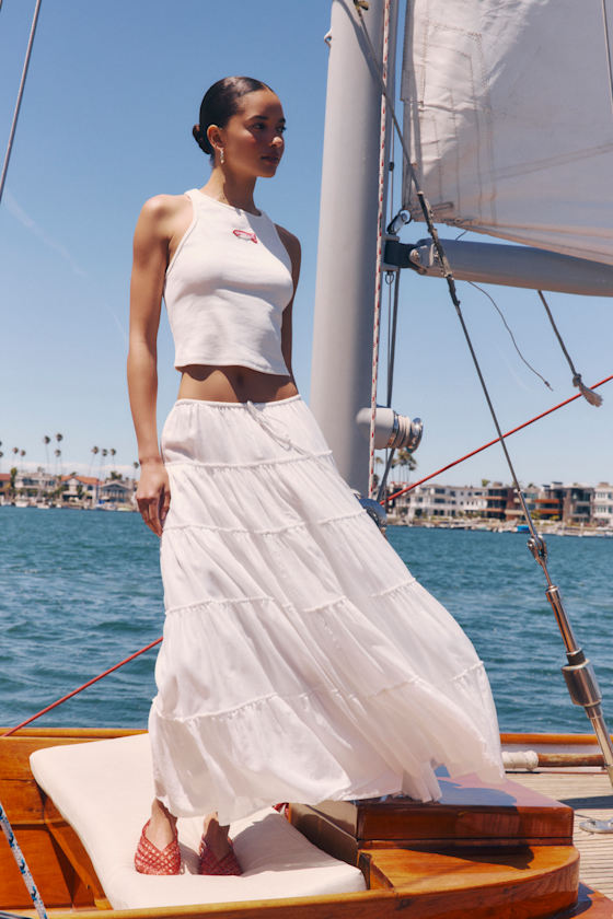 Relaxed Charm White Gauzy Tiered Drawstring Maxi Skirt 1