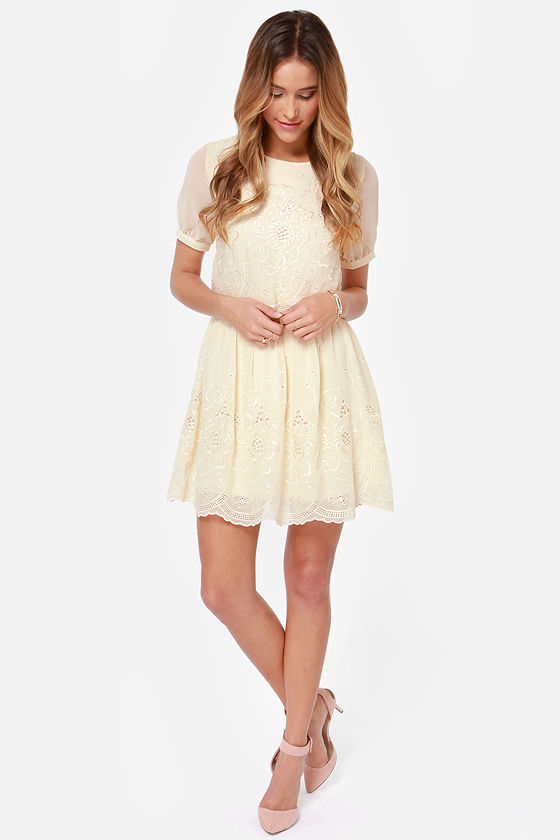 Beautiful Cream Dress - Embroidered Dress - Eyelet Dress - $60.00