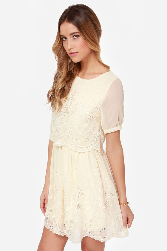 Beautiful Cream Dress Embroidered Dress Eyelet Dress 60.00