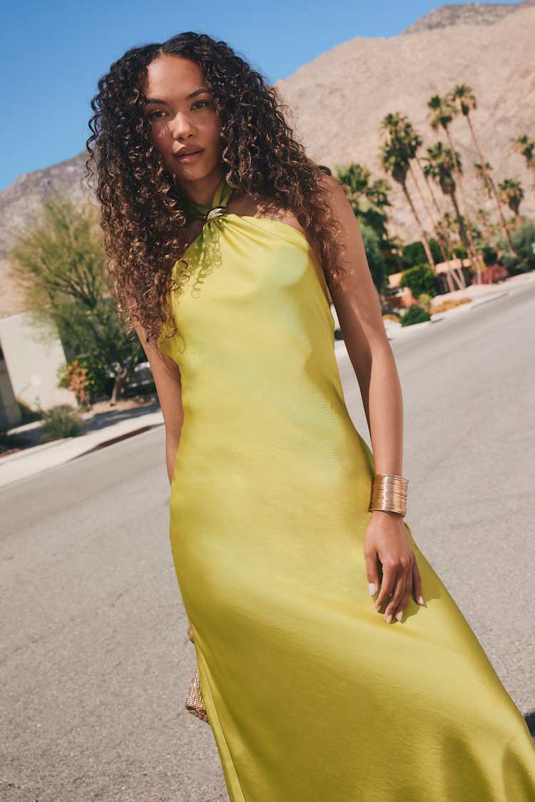 chartreuse silk dress Comme Si Everyday in Green Italian silks Lorissa Chartreuse Satin Halter Midi