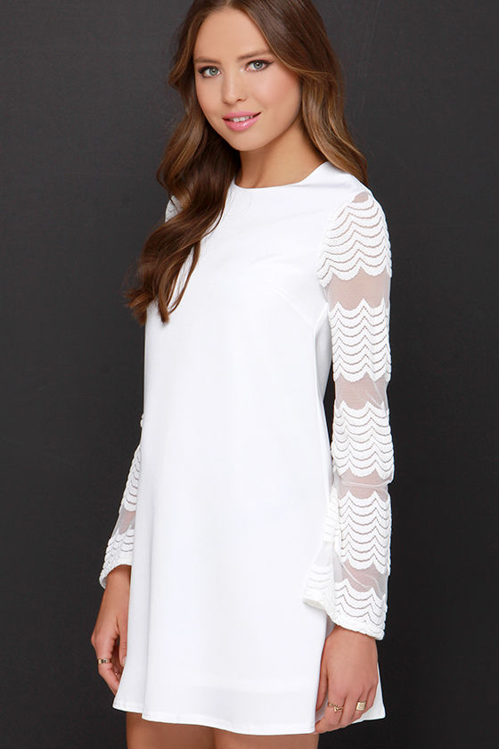 Chic Ivory Dress- Long Sleeve Dress - Embroidered Dress - White Mesh Dress - $44.00