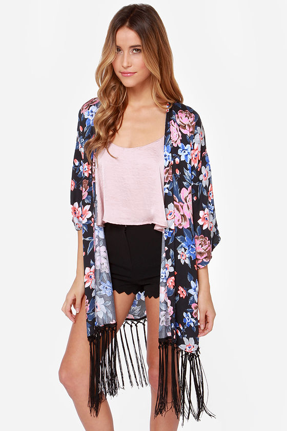 black floral print kimono