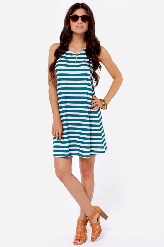 O'Neill Natalia Dress - Ivory and Blue Dress - Striped Dress - $38.00 ...