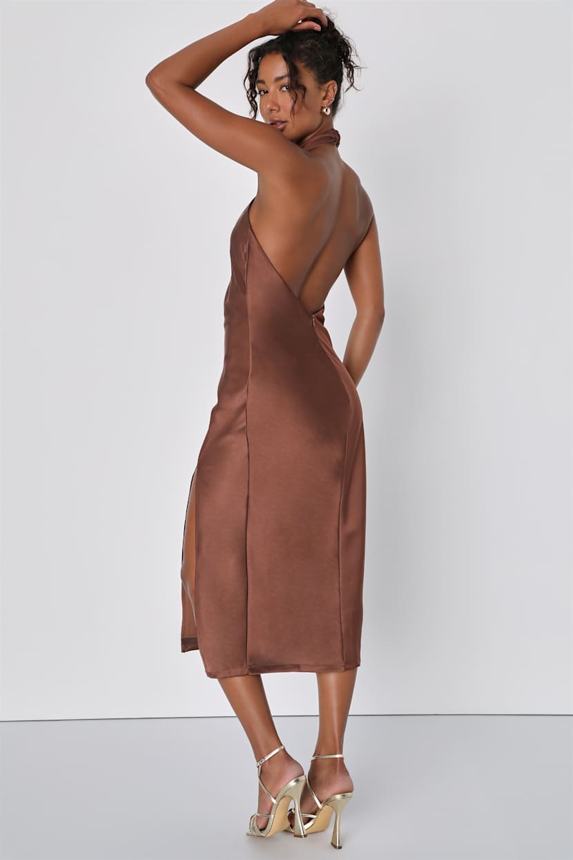 brown halter midi dress Lulus | Brown Satin Halter Midi Dress | Womens | XXL (Available in XS, S, M, L, XL)