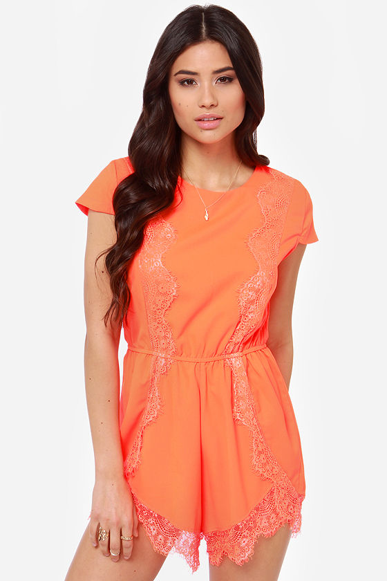 Cute Neon Orange Romper Neon Romper Lace Romper 68.00 Lulus
