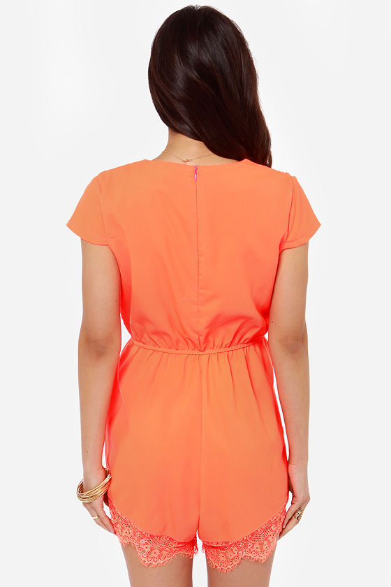 Cute Neon Orange Romper Neon Romper Lace Romper 68.00
