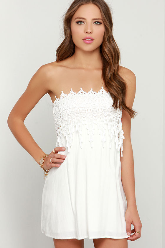 strapless white lace dress