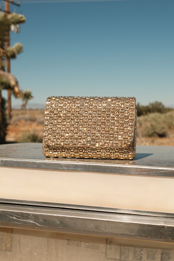 Stunning Glow Gold Beaded Rectangular Mini Clutch 1