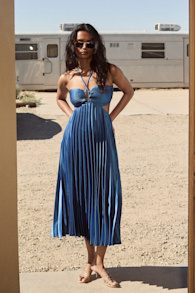 Aerin Blue Satin Pleated Cutout Midi Dress 1
