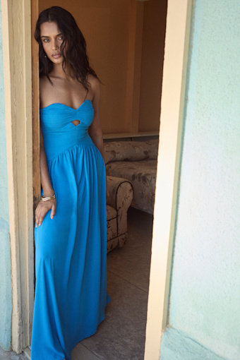 Rozala Bright Blue Pleated Strapless Maxi Dress 1