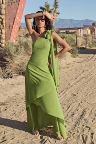 Camellia Bright Green One-Shoulder Bow Maxi Dress 1