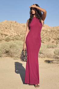 Adriel Berry Red Mesh Halter Mermaid Maxi Dress 1
