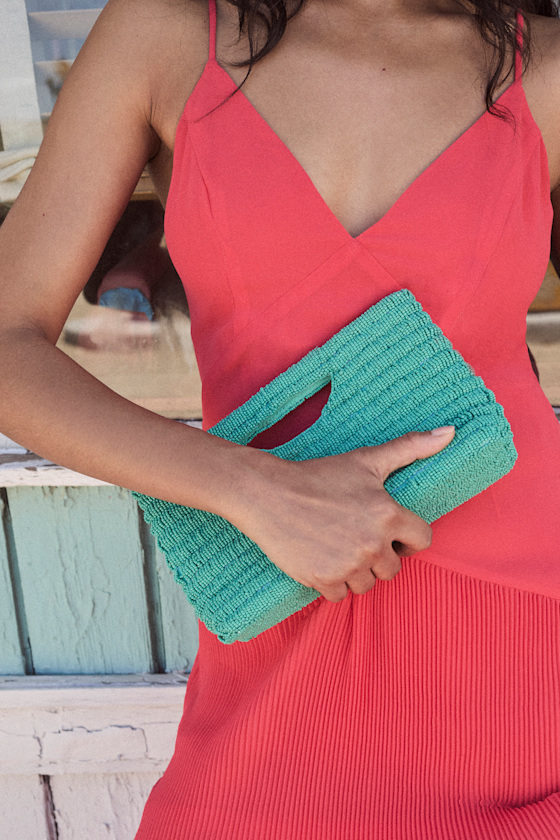 Silfra Teal Green Beaded Crossbody Clutch 1