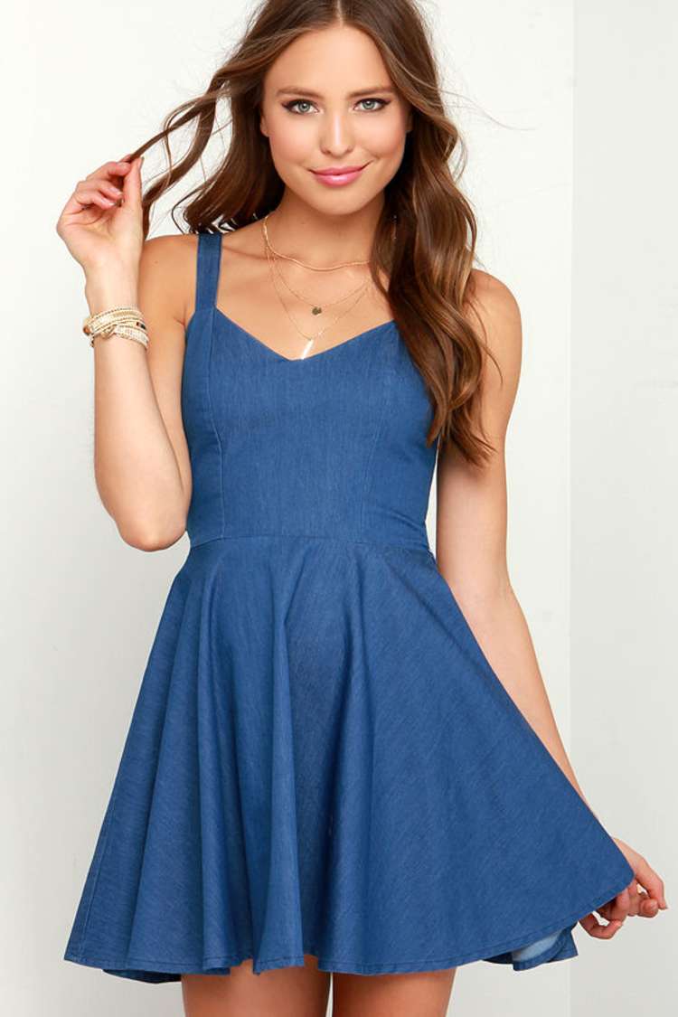 chambray skater dress boohoo Women's Chambray Shirred Midaxi Skater Dress in Mid Wash | Size: 8