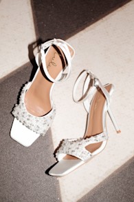 Jenni White Satin Beaded Ankle Strap High Heel Sandals 1