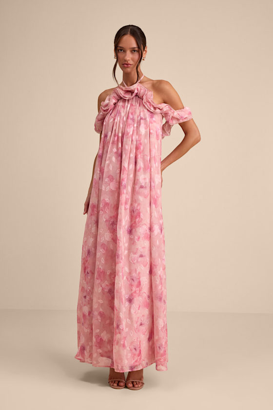 Amia Pink Floral Burnout Ruffled Shift Maxi Dress 6