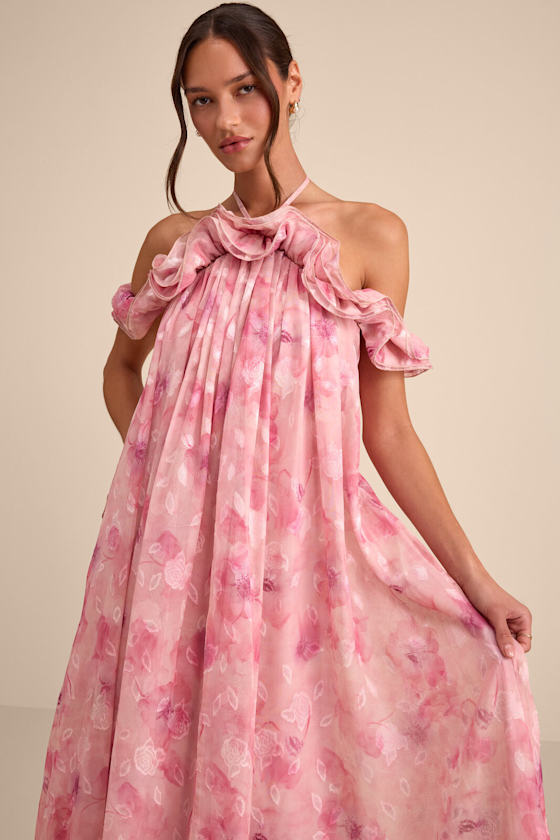 Amia Pink Floral Burnout Ruffled Shift Maxi Dress 8