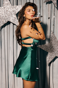 Narina Teal Green Satin Pleated Strapless Mini Dress 1
