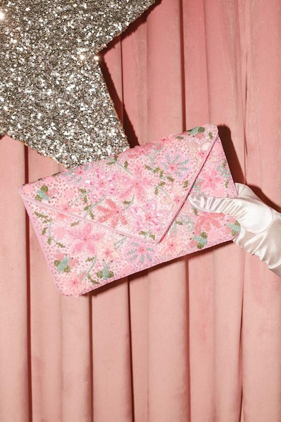Beautiful Aspirations Pink Floral Sequin Beaded Clutch 2