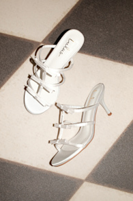 Millie White Satin Strappy Bow High Heel Slide Sandals 1