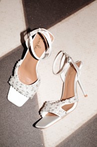 Jenni White Satin Beaded Ankle Strap High Heel Sandals 1