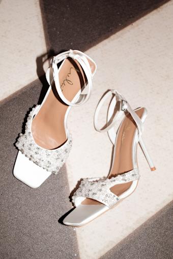 Jenni White Satin Beaded Ankle Strap High Heel Sandals 1