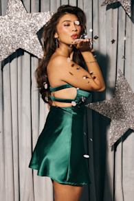 Narina Teal Green Satin Pleated Strapless Mini Dress 1