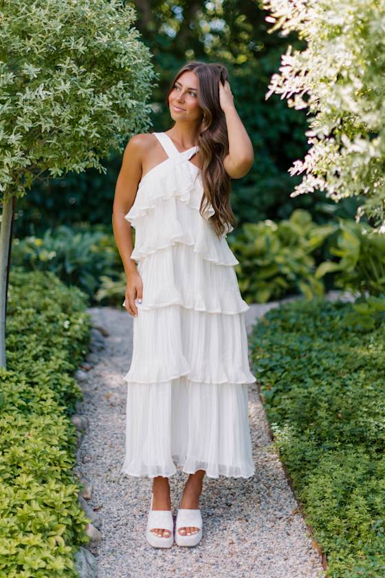 Ivory Plisse-Pleated Dress - Tiered Ruffled Dress - Halter Midi